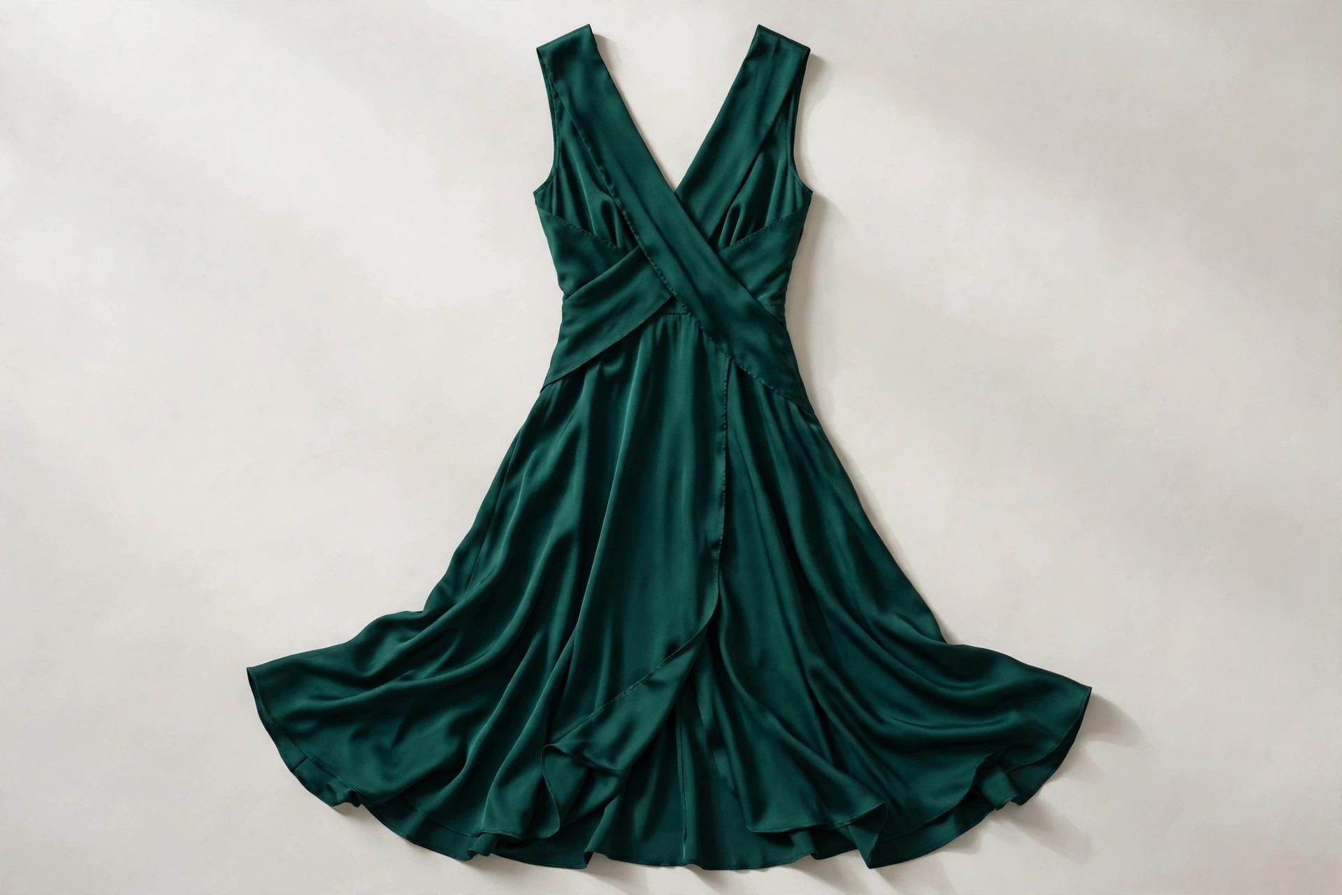 Women's surplice dress in emerald fabric shown flat, the bodice panels crossing diagonally into a deep V neckline above a flowing skirt, product photography with no people