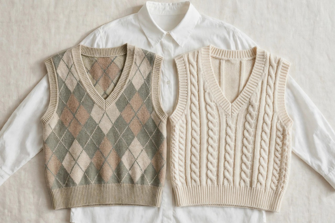 Women's sweater vests in argyle and cable knits laid flat over a collared shirt