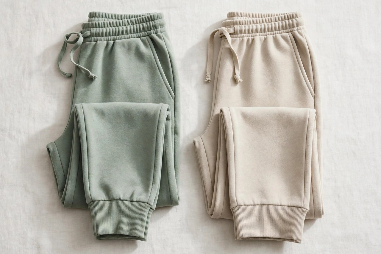 Women's sweatpants in jogger and straight-leg styles folded to show drawstring waistbands and ribbed cuffs