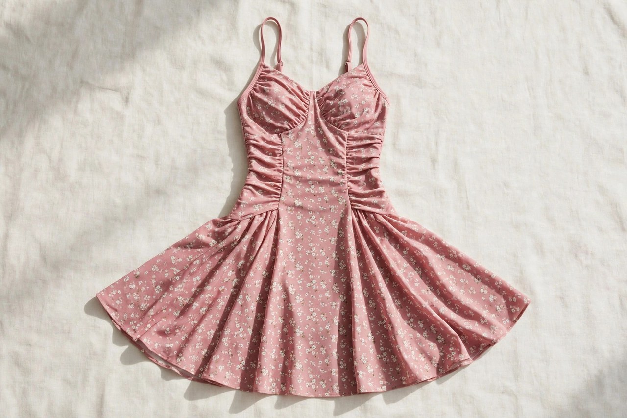 Women's swimdress garment laid flat showing the dress-style silhouette with attached skirt overlay
