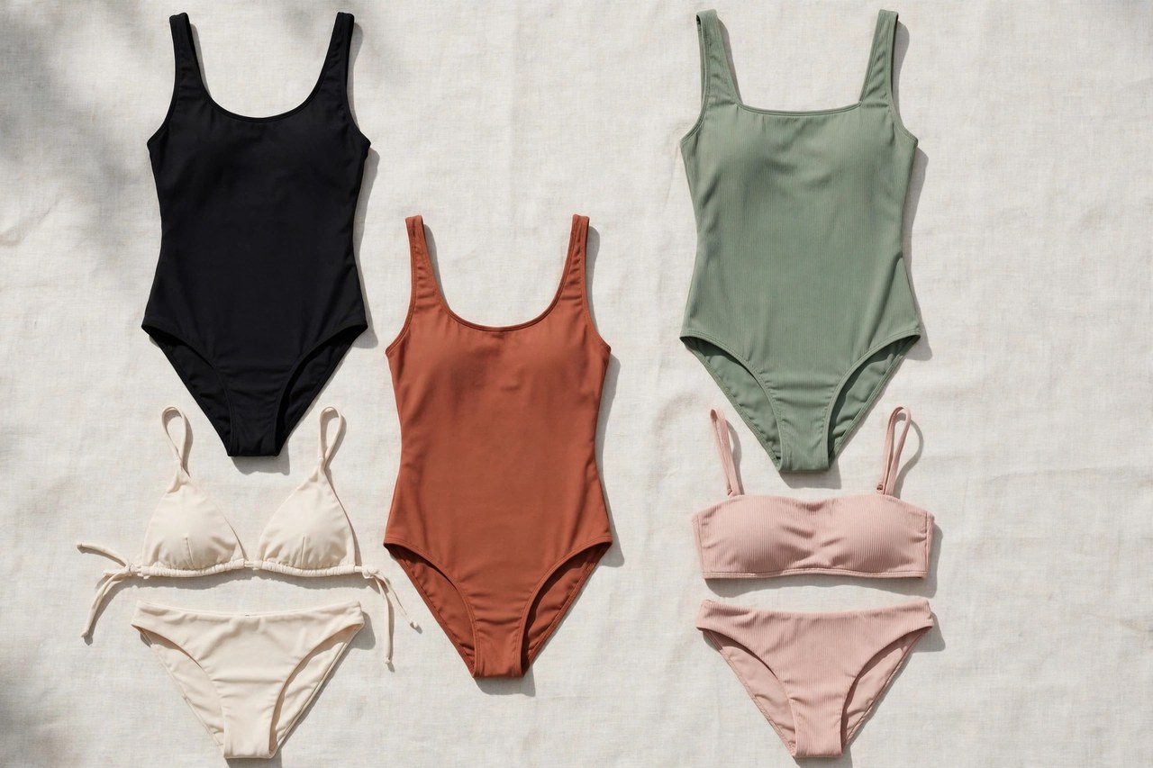 Women's swimsuits in one-piece and two-piece styles laid flat as garments in solid colors