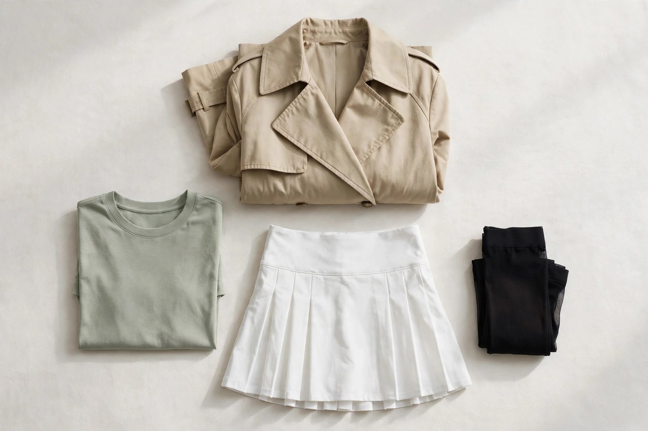 Women's clothing items beginning with T laid flat: a folded T-shirt, tennis skirt, pair of tights and a trench coat, product photograph, no people