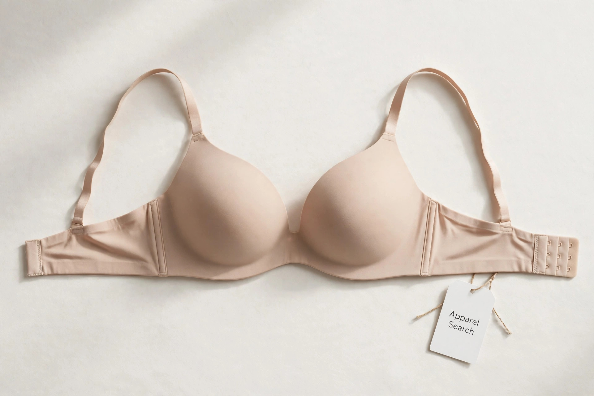 Women's t-shirt bra in smooth nude microfibre with seamless moulded cups laid flat with adjustable straps neatly arranged, flat-lay product photography with no people