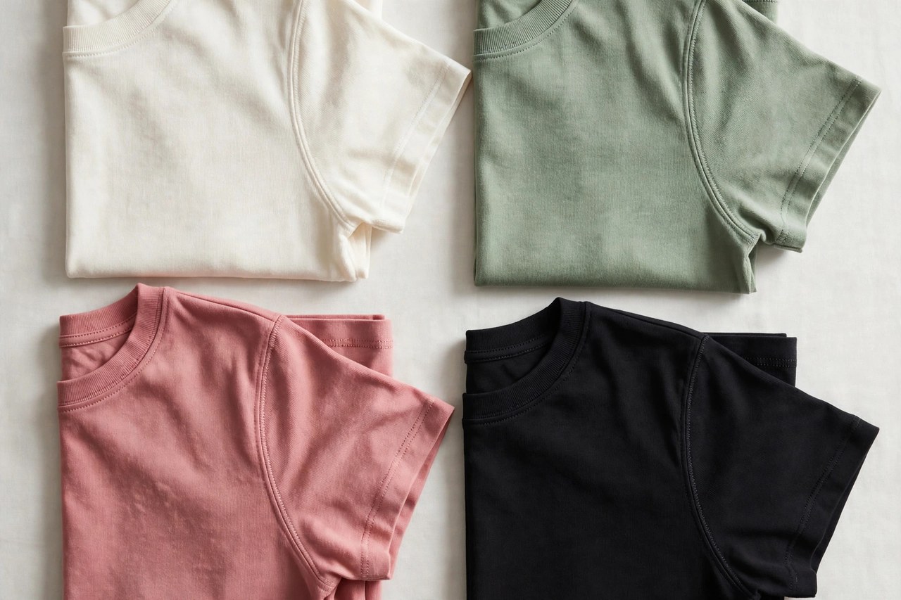 Women's t-shirts laid flat as a product photograph showing fabric and construction details