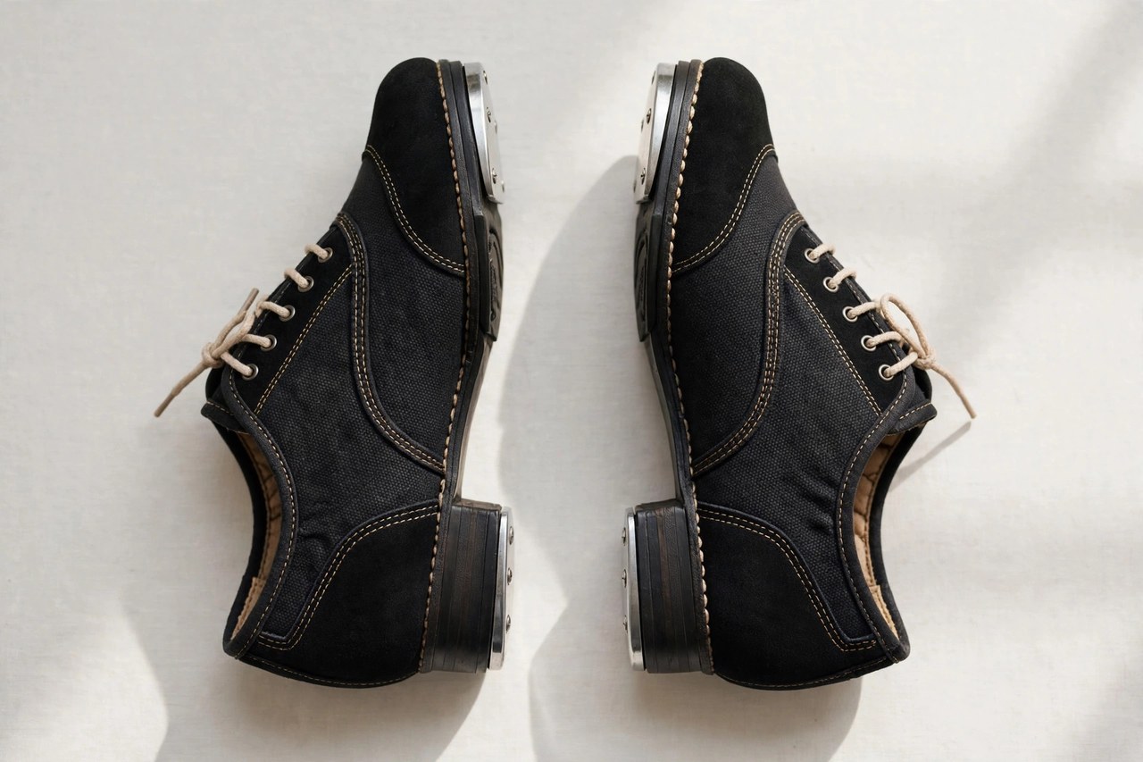 Women's tap shoes laid flat as a product photograph showing fabric and construction details