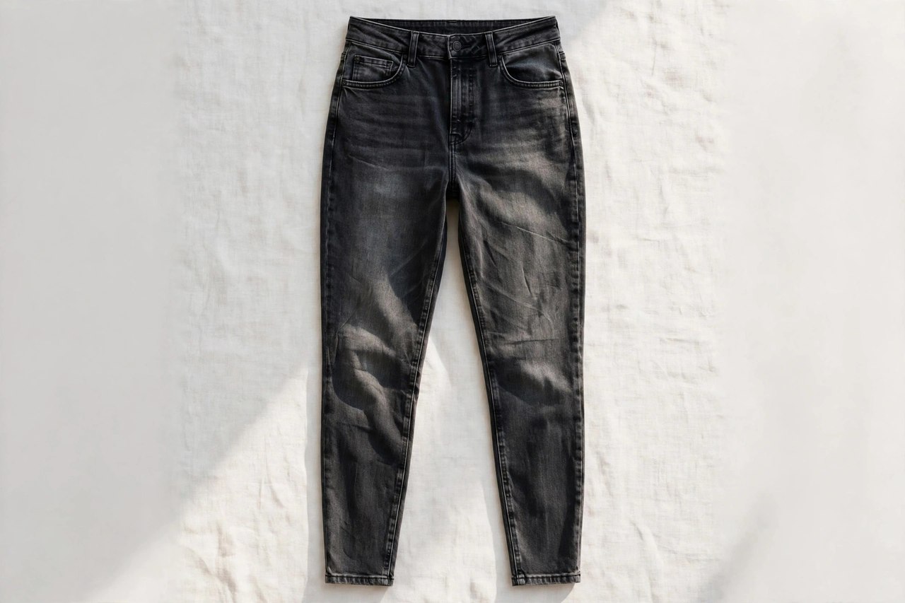 Women's tapered jeans in washed black denim laid flat, showing the fuller thigh narrowing to a slim ankle opening, product photography with no people