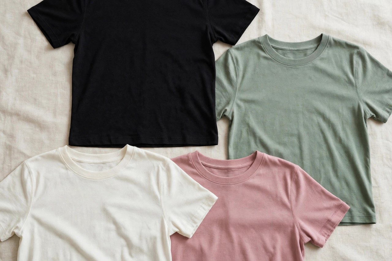 Women's tees laid flat as a product photograph showing fabric and construction details