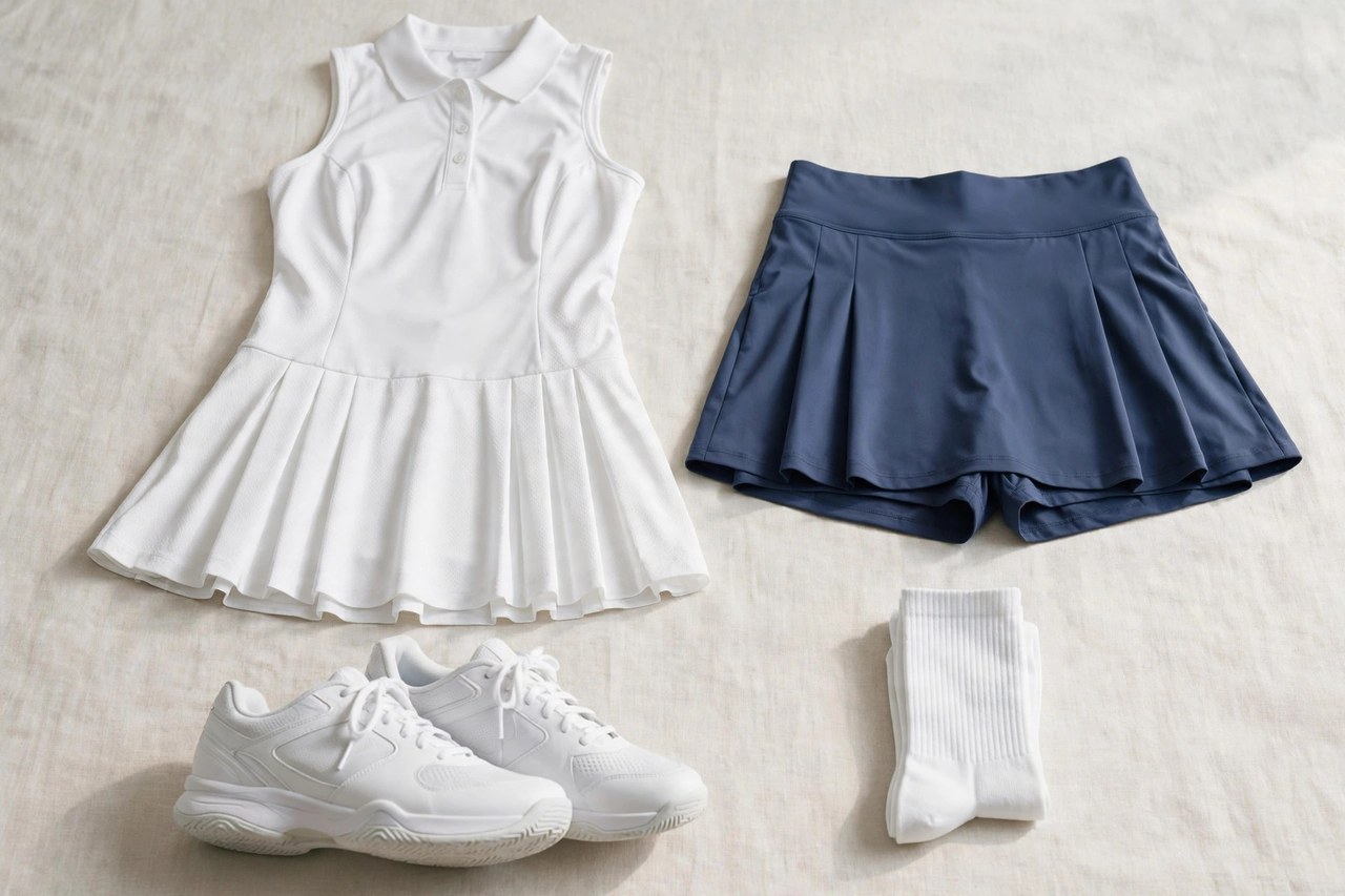 Women's tennis clothing laid flat: a tennis dress, skort, court shoes and socks arranged as products, no people