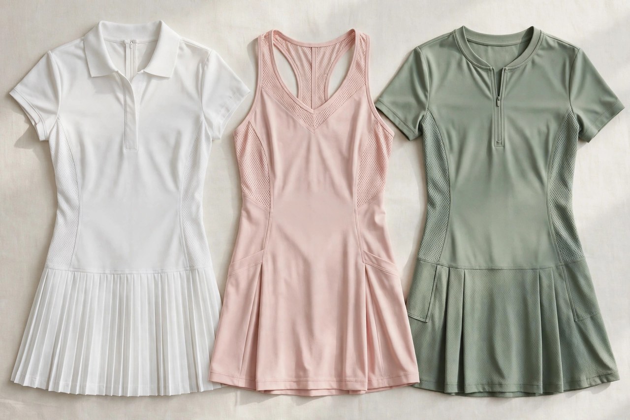 Women's tennis dresses laid flat as a product photograph showing fabric and construction details