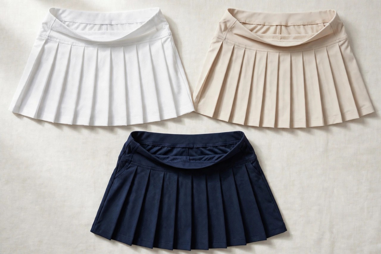 Women's tennis skirts laid flat as a product photograph showing fabric and construction details