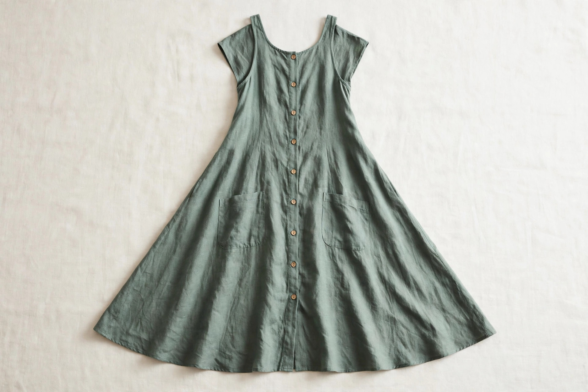 Women's tent dress in sage green fabric laid flat, narrow at the shoulders and widening into a full triangular skirt, product photography with no people
