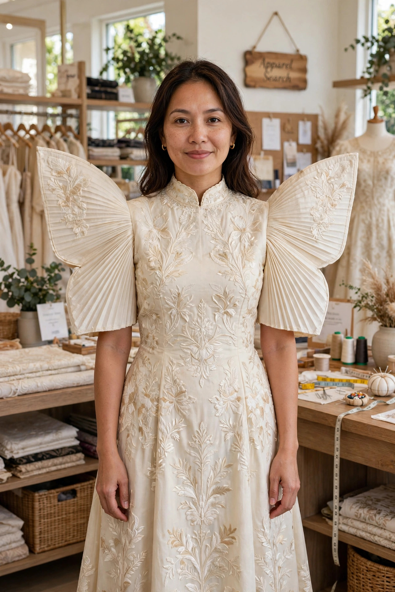 Woman wearing a traditional Filipino terno dress with distinctive upright butterfly sleeves in cream embroidered fabric