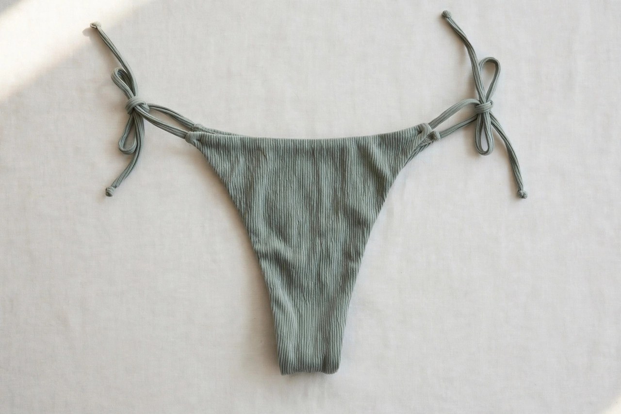 Women's thong swimwear shown as a flat product photograph, garment only, no people