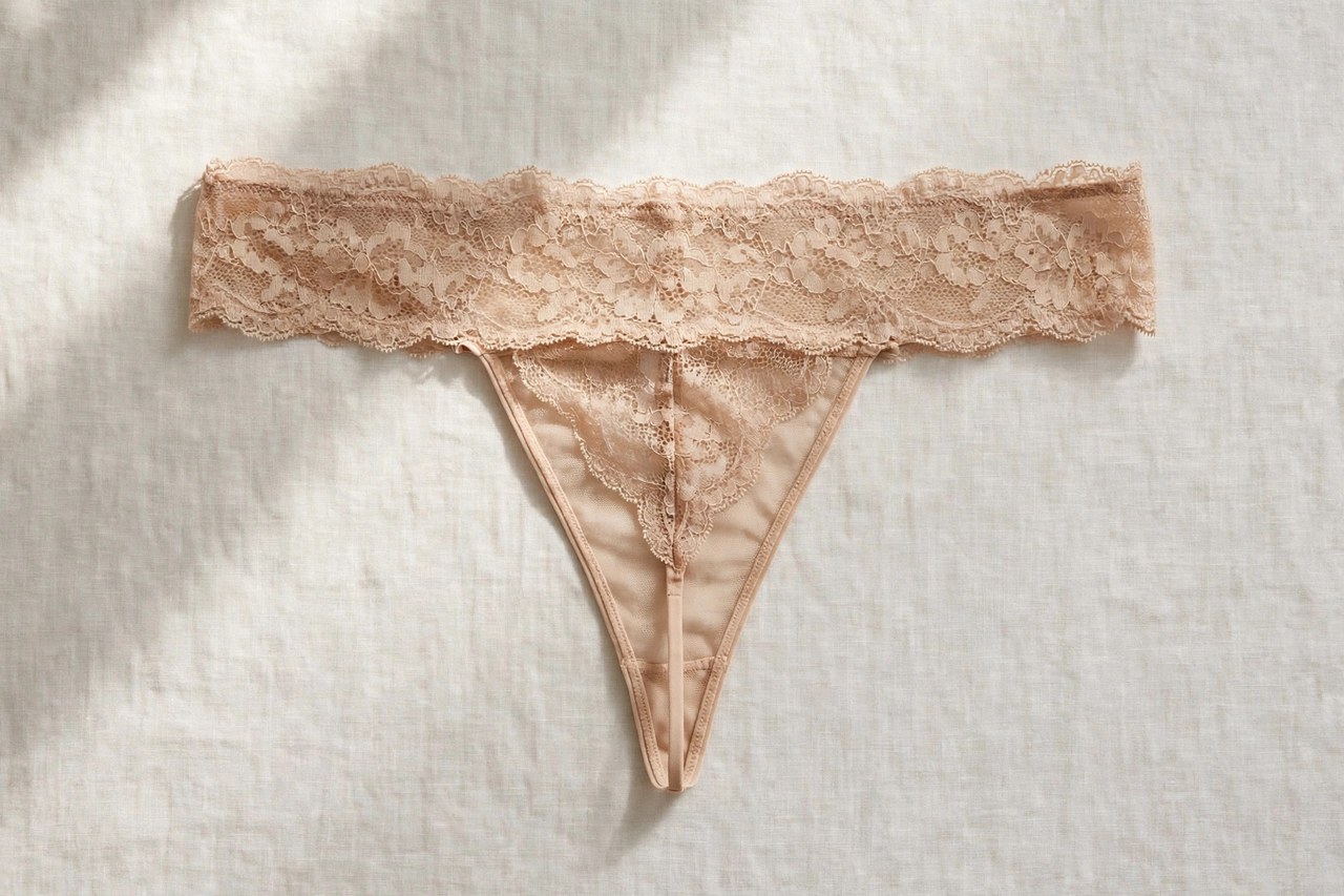 Women's thong underwear shown as a flat product photograph, garment only, no people