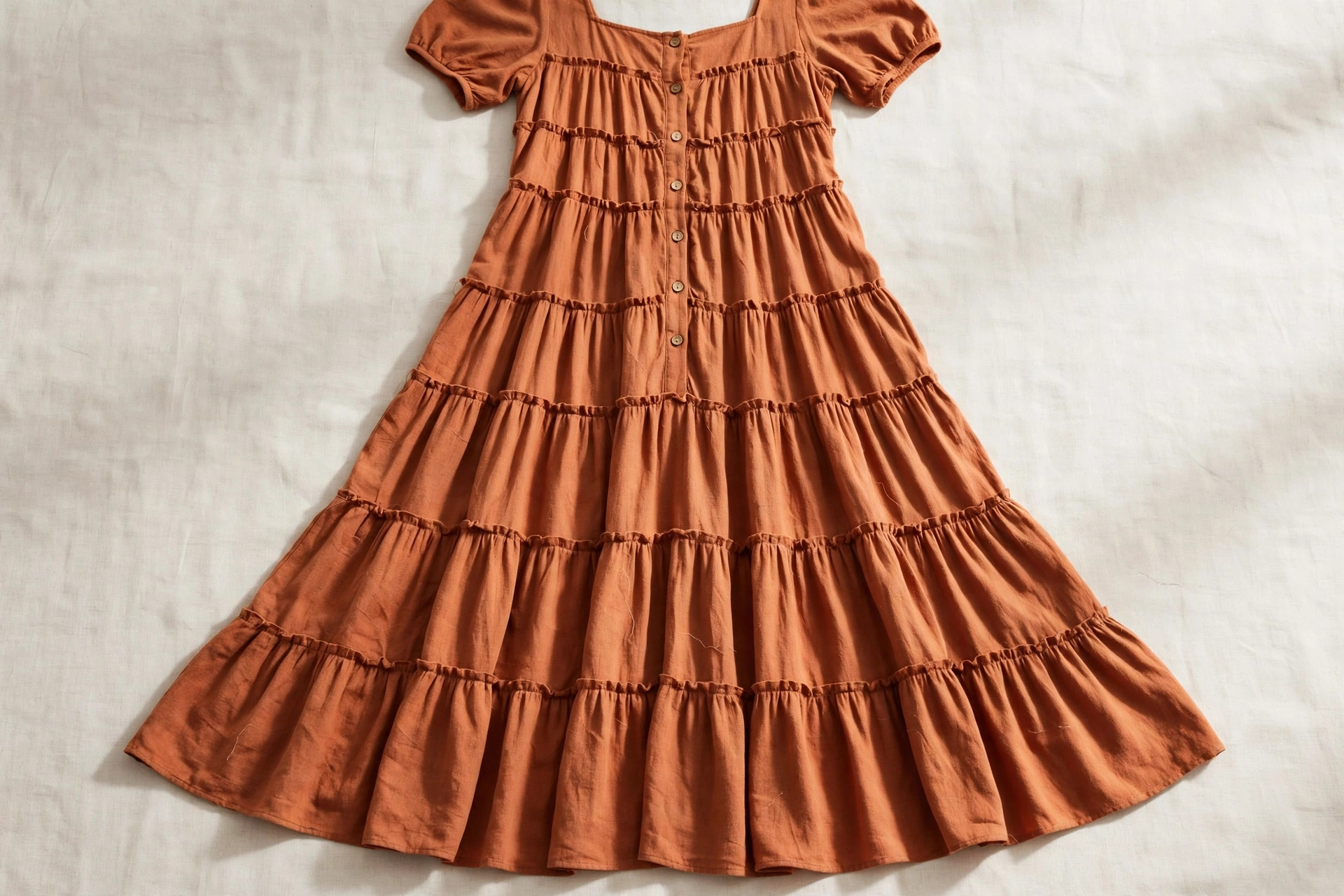 Women's tiered dress in terracotta fabric laid flat, showing the horizontal gathered tiers widening from bodice to hem, product photography with no people