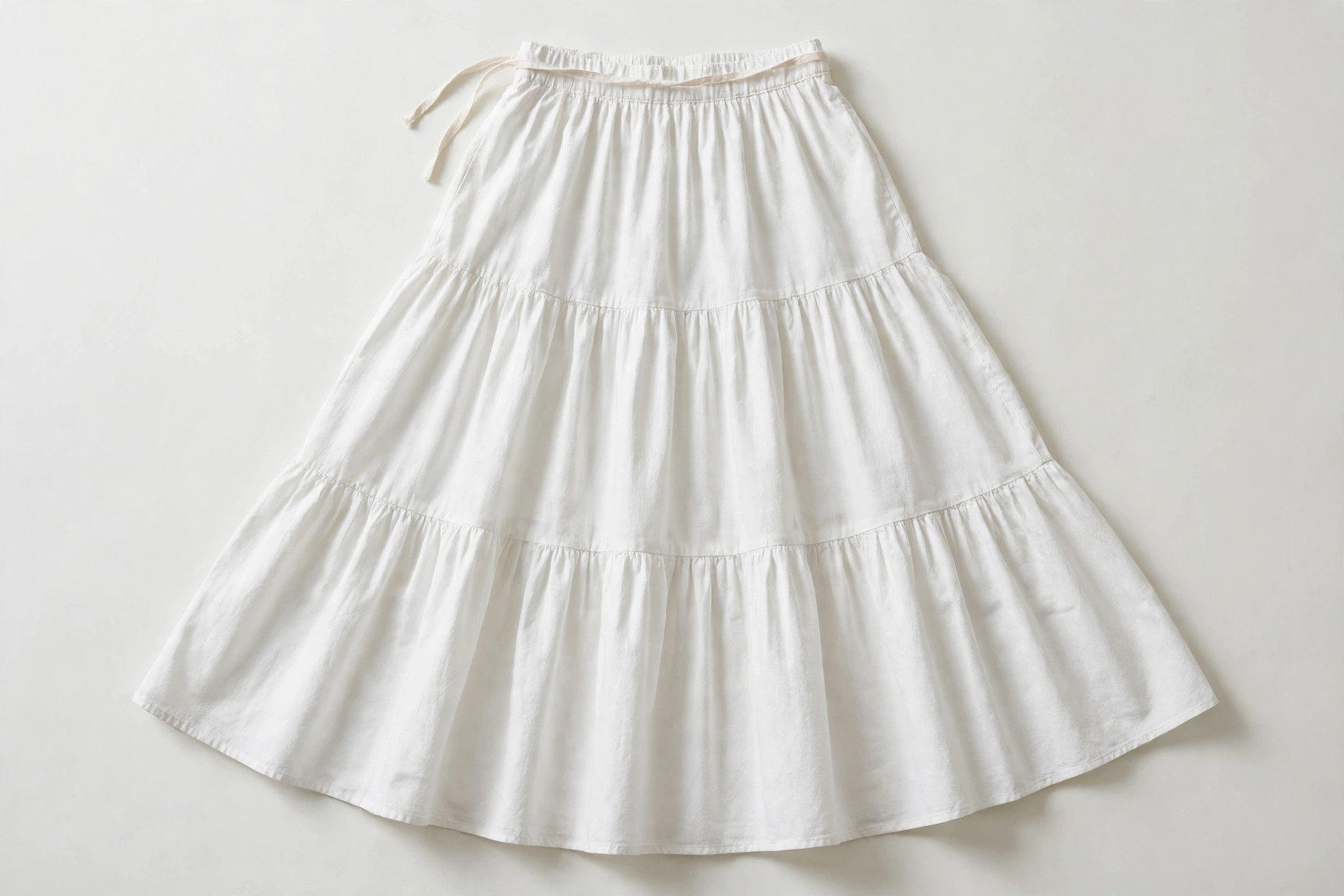 Women's tiered skirt in white cotton fabric shown flat, three wide gathered tiers widening toward the hem, product photography with no people