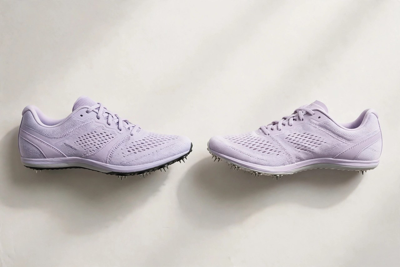 Women's track spikes laid flat as a product photograph showing fabric and construction details