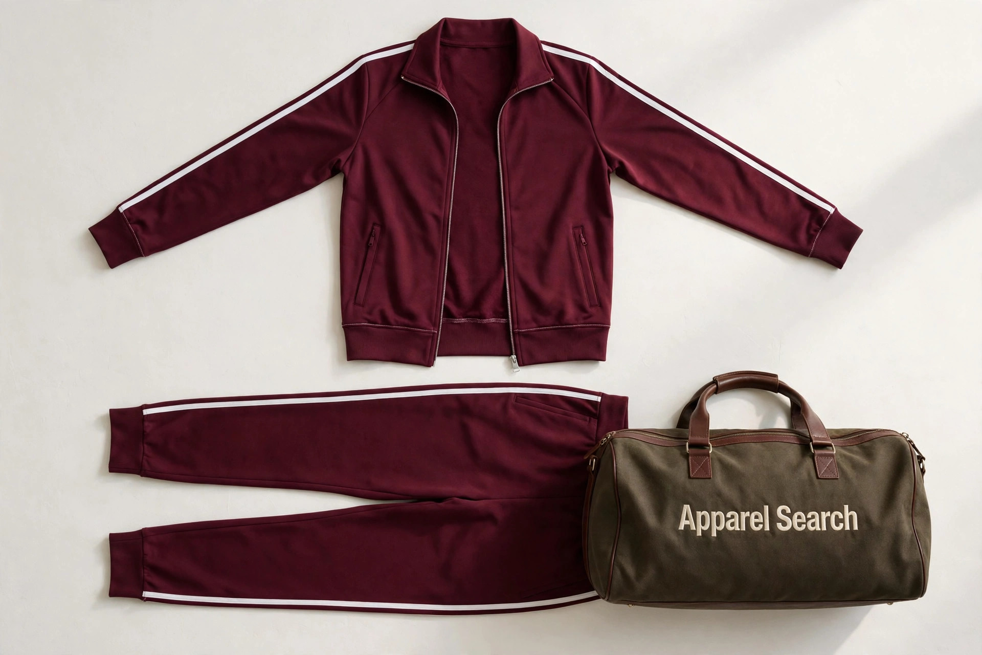 Women's tracksuit in burgundy laid flat, zip-up track jacket with white side stripes above matching tapered track pants, product photography with no people