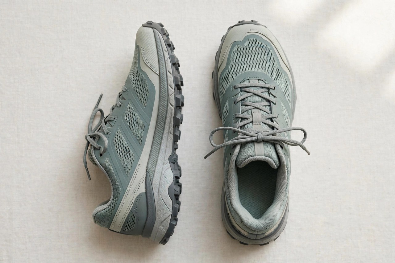 Women's trail running shoes laid flat as a product photograph showing fabric and construction details