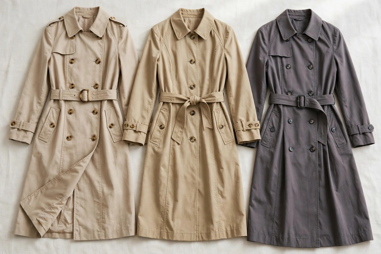 Women's trench dresses laid flat as a product photograph showing fabric and construction details