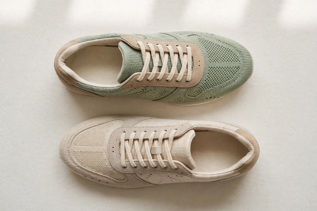 Women's trend shoes laid flat as a product photograph showing fabric and construction details