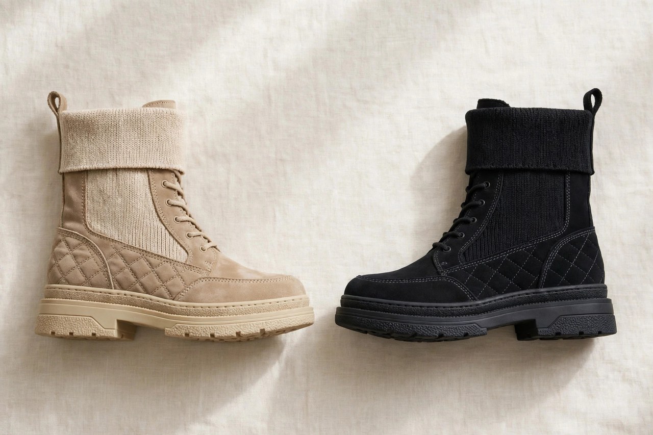 Women's trendy boots laid flat as a product photograph showing fabric and construction details