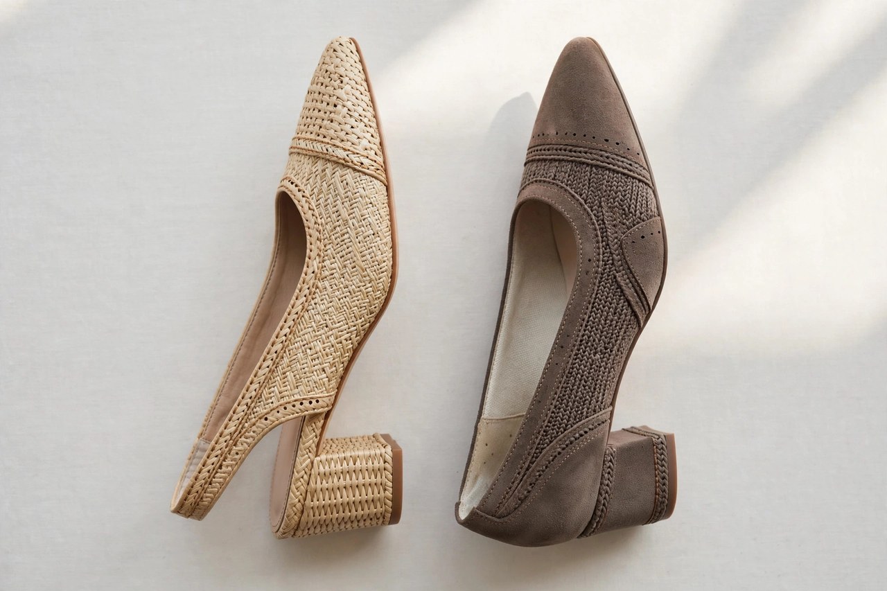 Women's trendy dress shoes laid flat as a product photograph showing fabric and construction details
