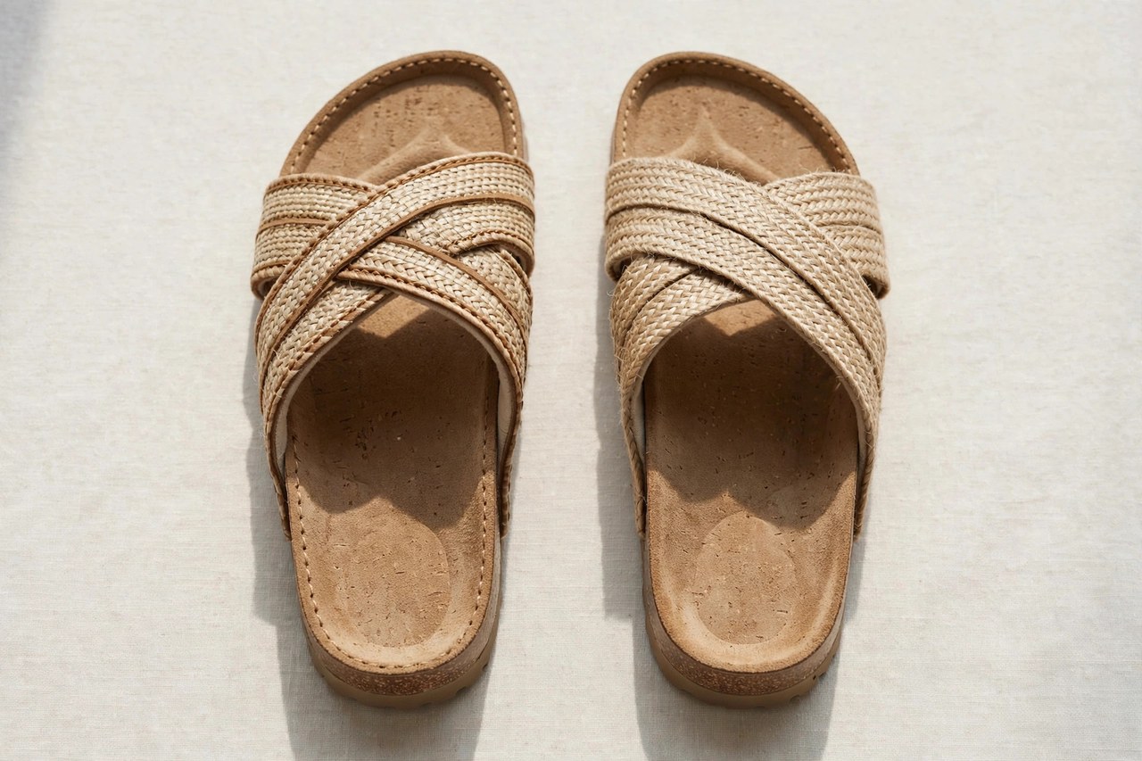 Women's trendy sandals laid flat as a product photograph showing fabric and construction details