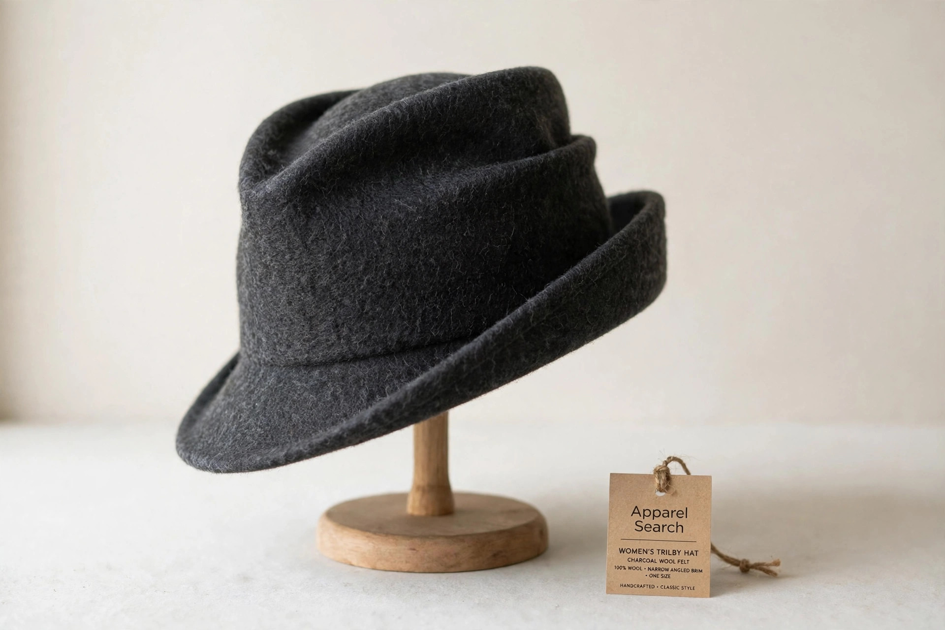 Women's trilby hat in charcoal wool felt with a narrow angled brim on a plain display stand against a clean light background, product photography with no people