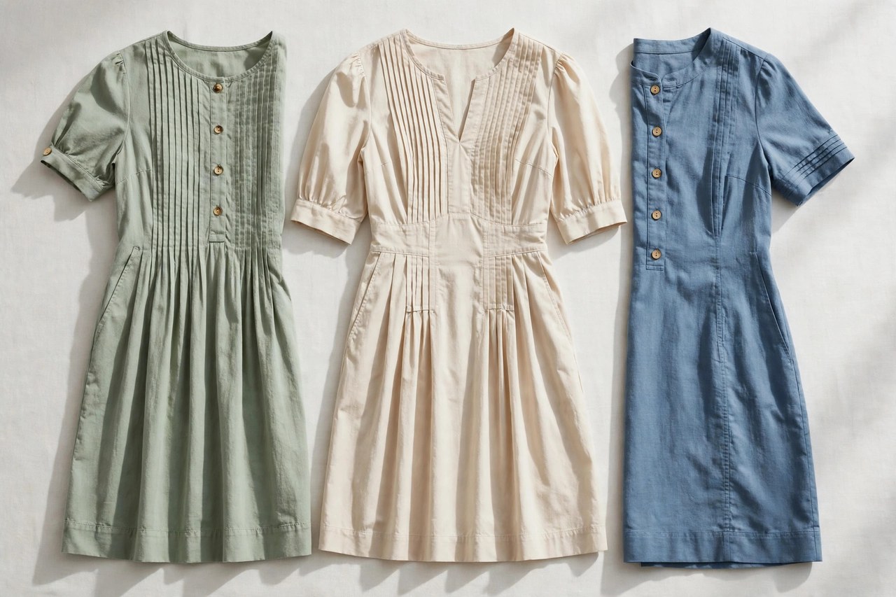 Women's tuck dresses laid flat as a product photograph showing fabric and construction details