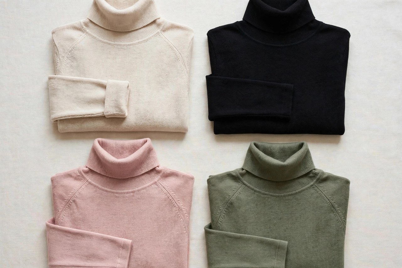 Women's turtlenecks laid flat as a product photograph showing fabric and construction details