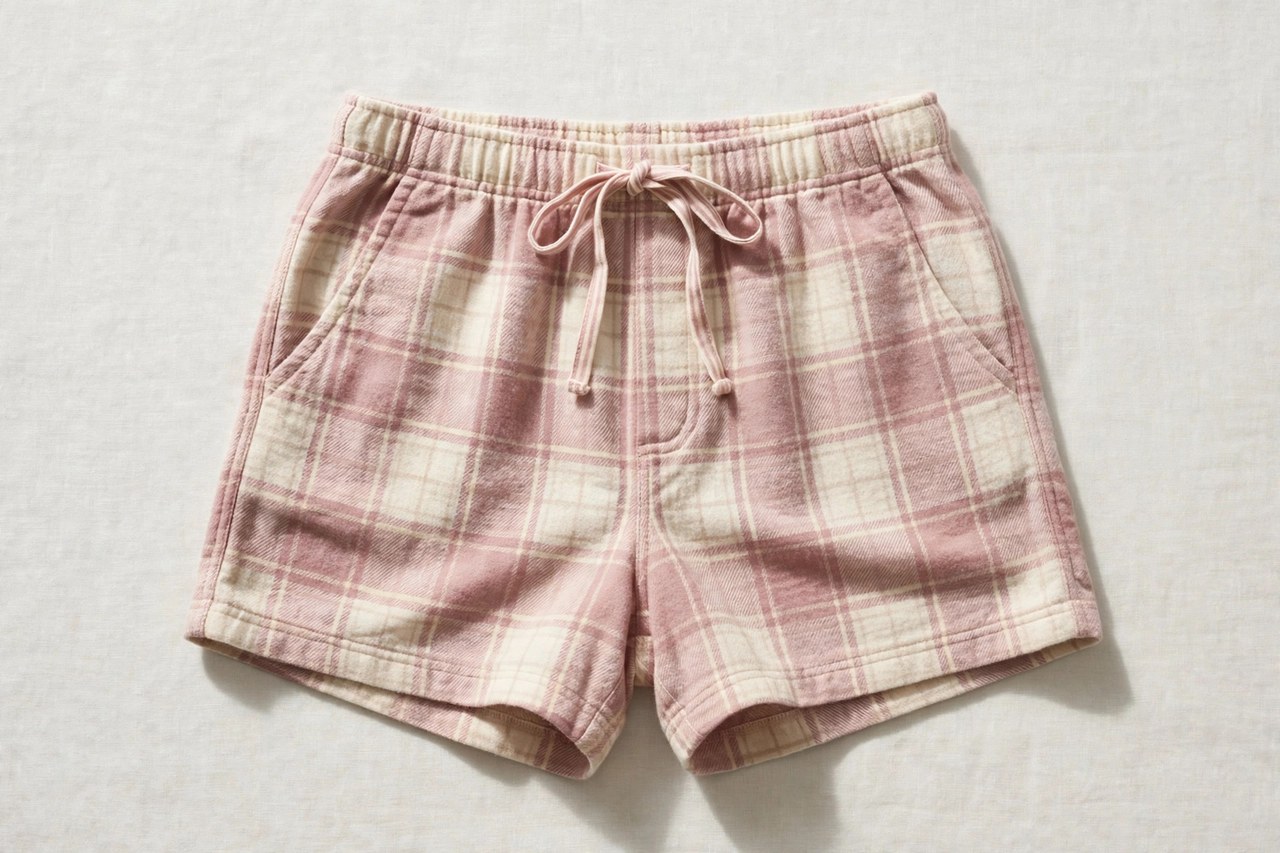 Women's flannel boxer shorts shown as a flat lay product photograph, garment only, no people