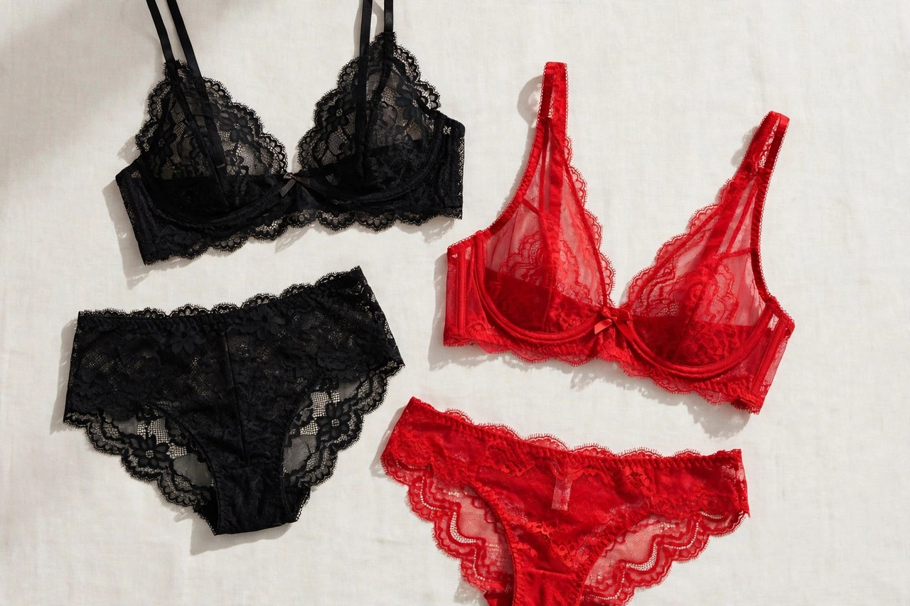 Women's hot underwear shown as a flat lay product photograph, garment only, no people
