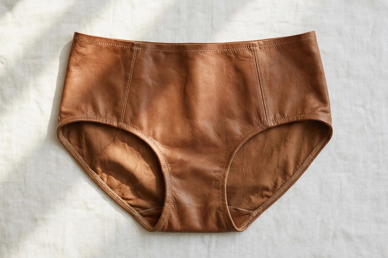 Women's leather underwear shown as a flat lay product photograph, garment only, no people