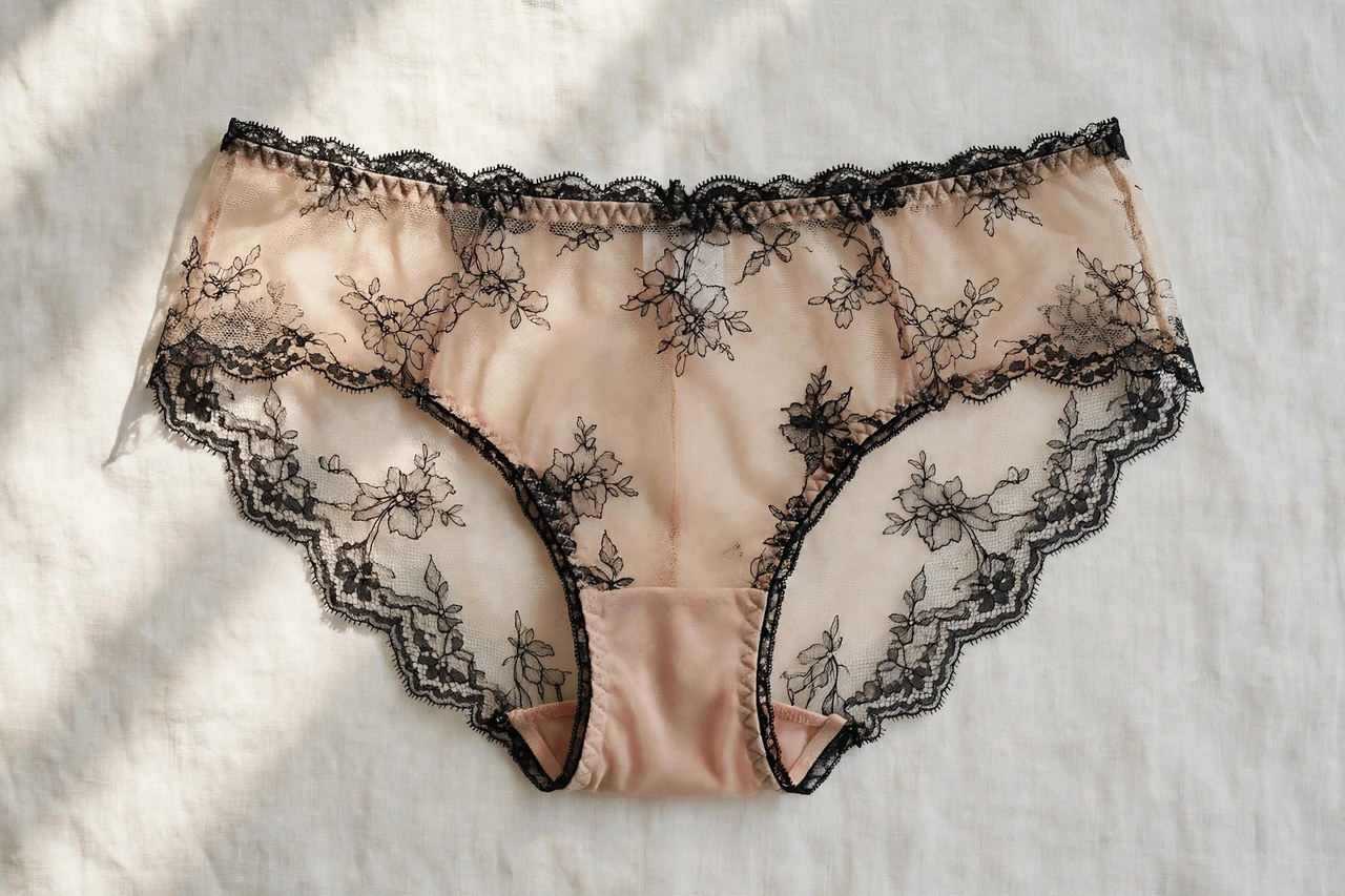 Women's see-thru underwear shown as a flat lay product photograph, garment only, no people