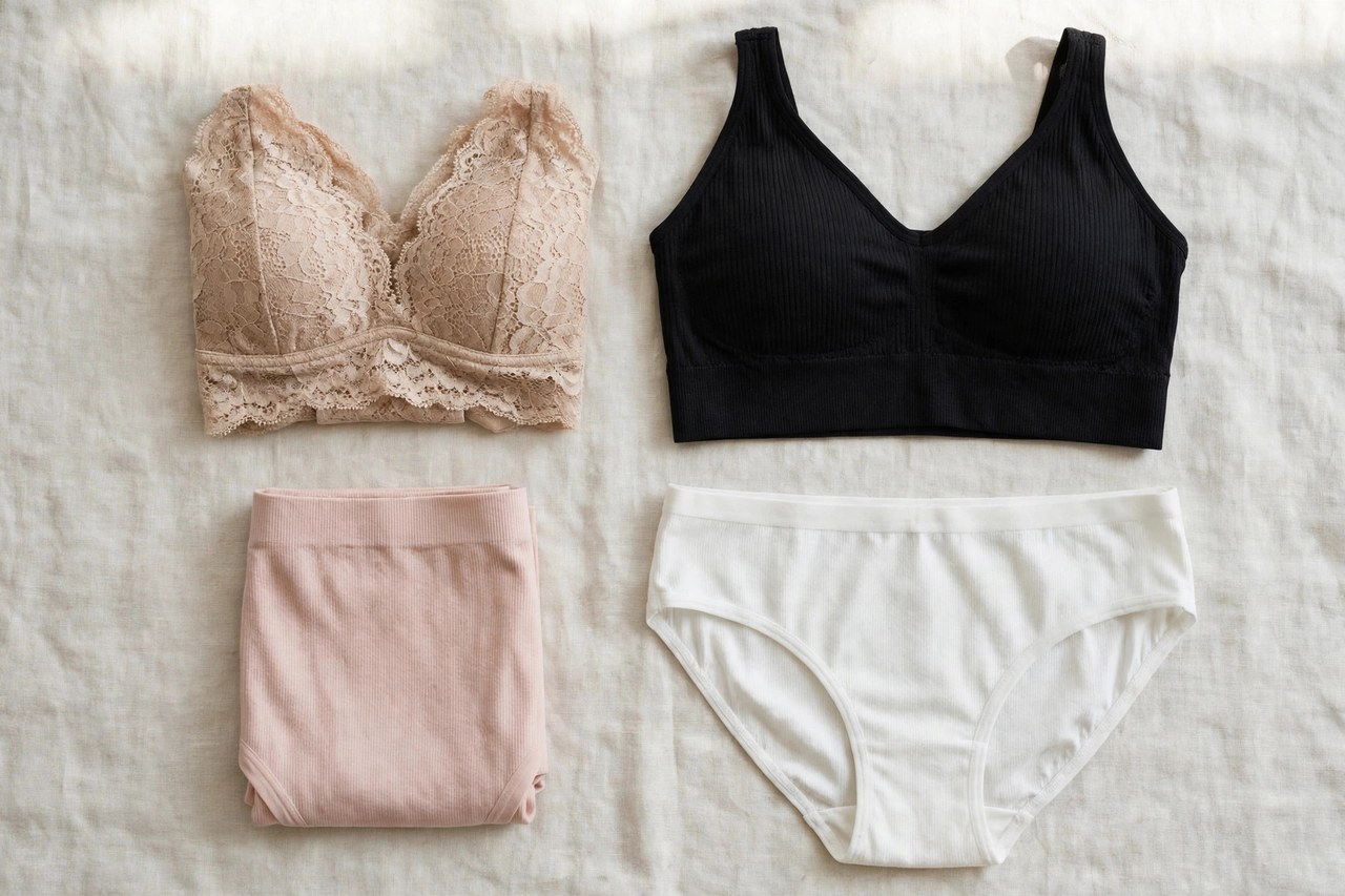 Women's underwear garments folded flat as a product photograph, garments only, no people