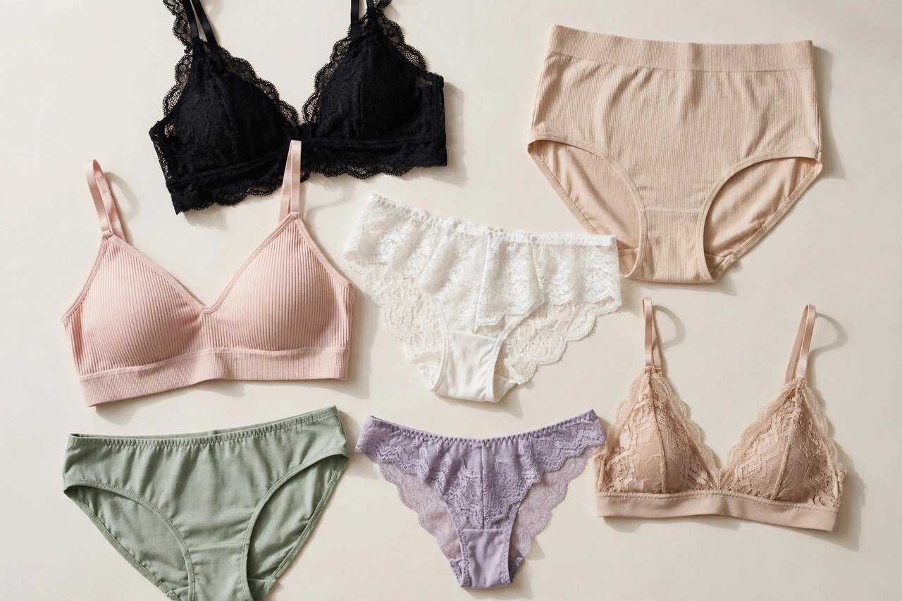 Women's underwear stores shown as a flat lay product photograph, garment only, no people
