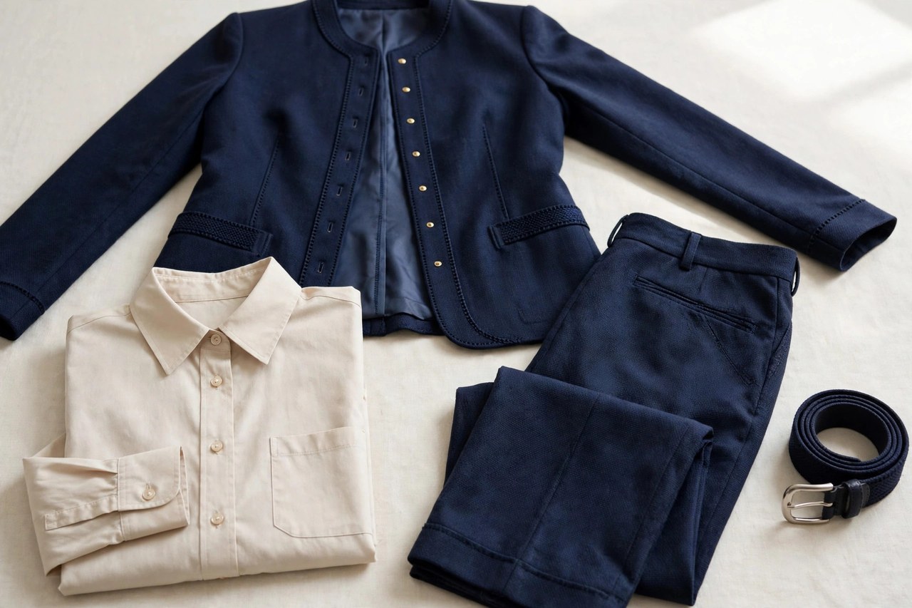 Women's uniforms laid flat as a product photograph showing fabric and construction details