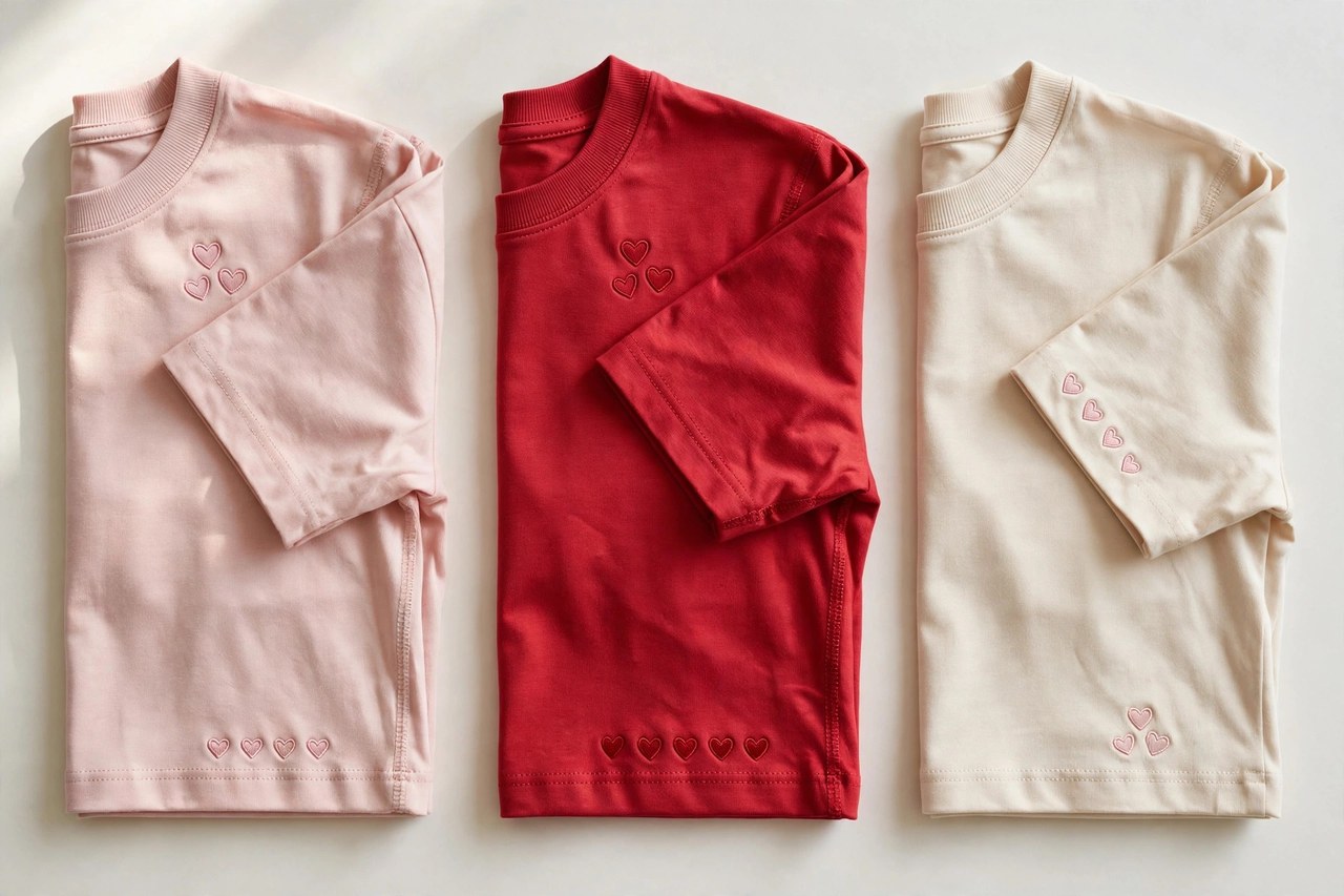 Women's valentine's day t-shirts laid flat as a product photograph showing fabric and construction details