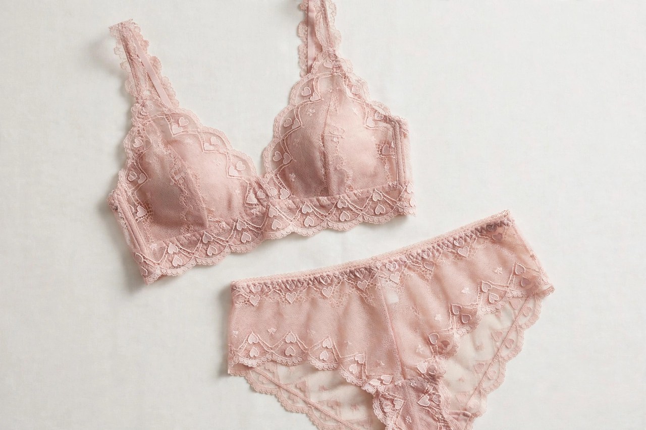 Women's valentine's day underwear shown as a flat lay product photograph, garment only, no people