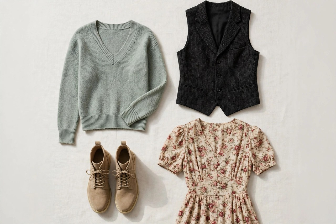Women's clothing items beginning with V laid flat: a V-neck sweater, a tailored vest, vegan boots and a vintage dress, product photograph, no people