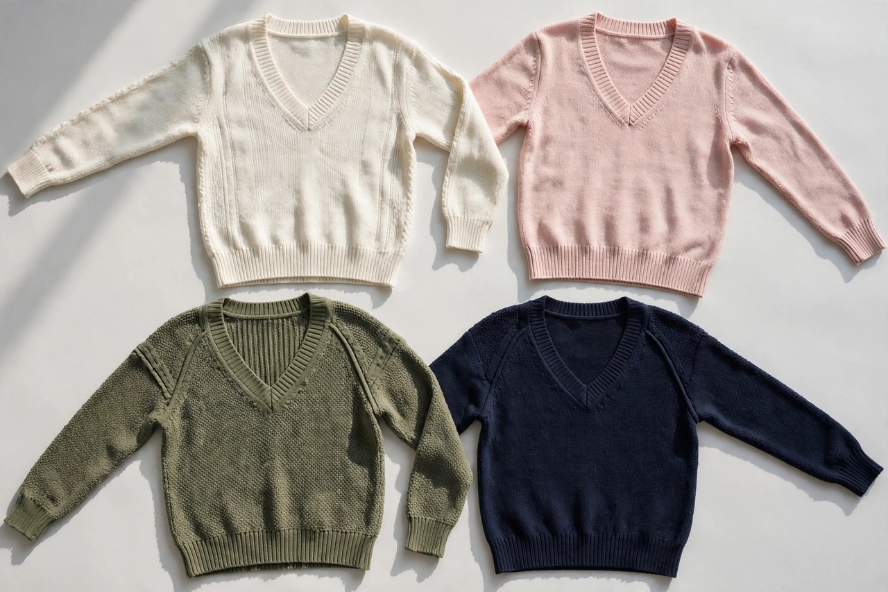 Women's v-neck sweaters laid flat as a product photograph showing fabric and construction details