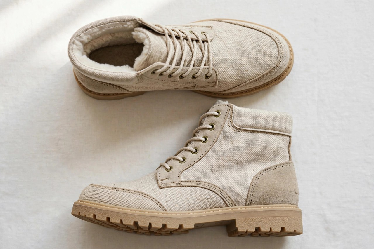 Women's vegan boots laid flat as a product photograph showing fabric and construction details
