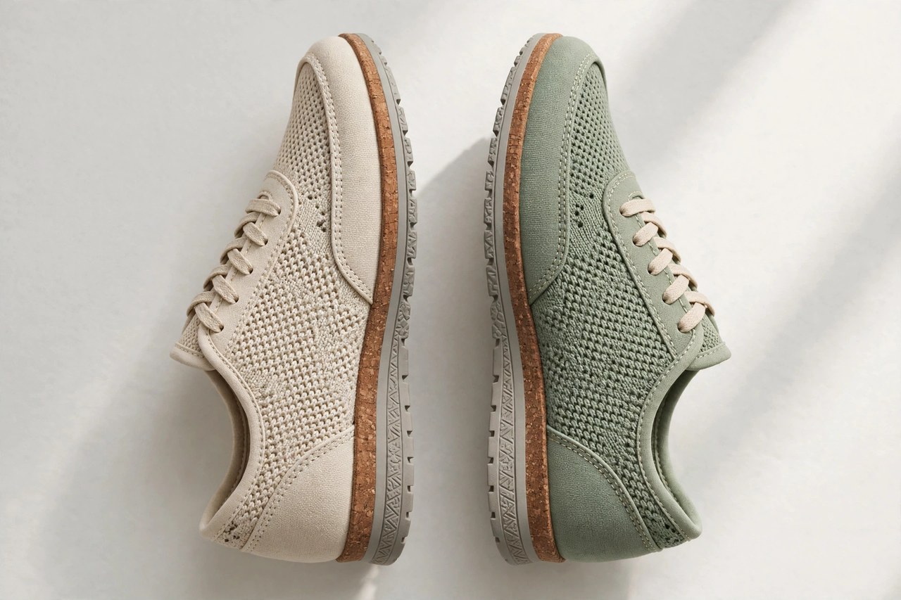 Women's vegan shoes laid flat as a product photograph showing fabric and construction details