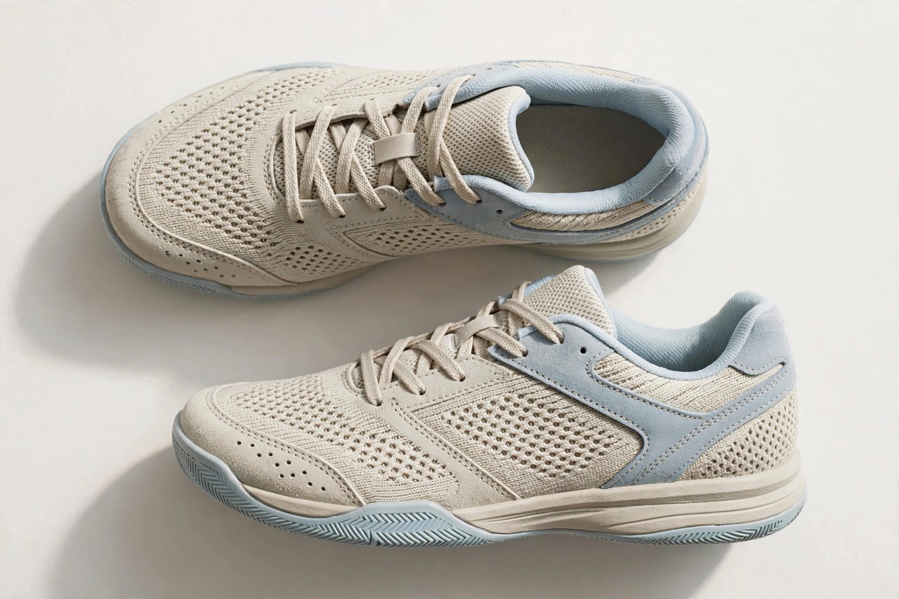 Women's volleyball shoes laid flat as a product photograph showing fabric and construction details