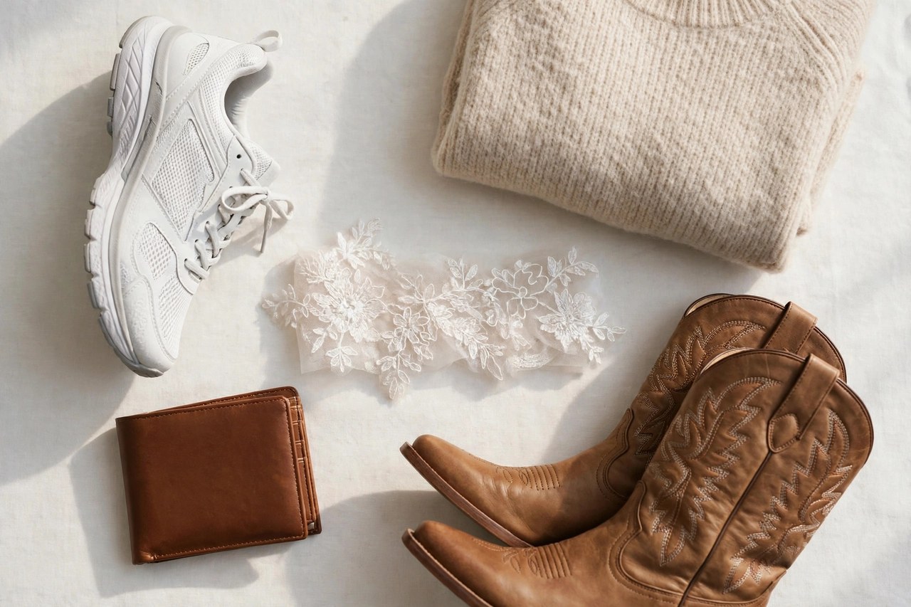 Women's clothing items beginning with W laid flat: walking shoes, a wallet, a wedding dress detail, western boots and a folded wool sweater, product photograph, no people