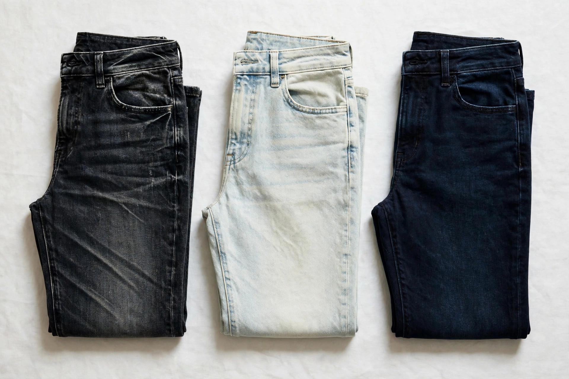 Three pairs of women's jeans folded in a row showing different denim finishes: whiskered dark denim, pale bleach-washed denim and deep overdyed black-blue denim, product photography with no people