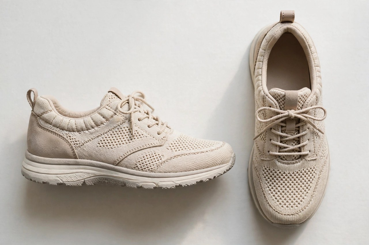 Women's walking shoes laid flat as a product photograph showing fabric and construction details