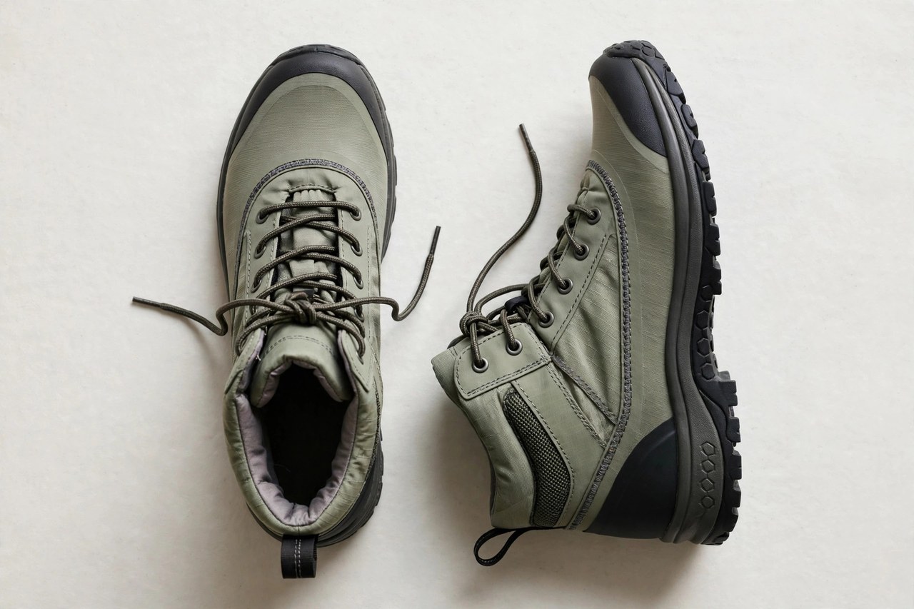 Women's waterproof boots laid flat as a product photograph showing fabric and construction details