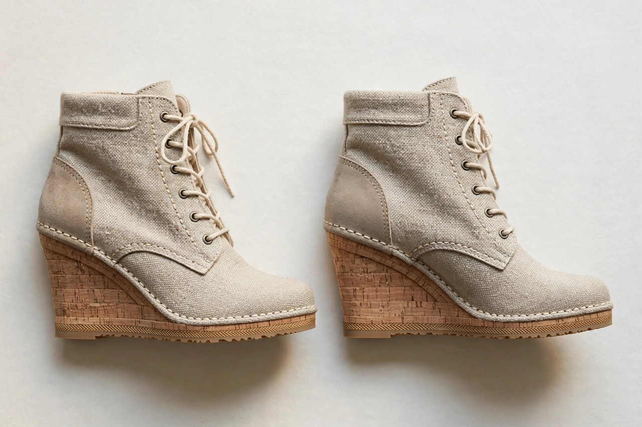 Women's wedge boots laid flat as a product photograph showing fabric and construction details